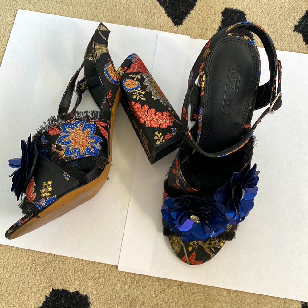 ASOS | bedazzled flower black multi color thick strap heels